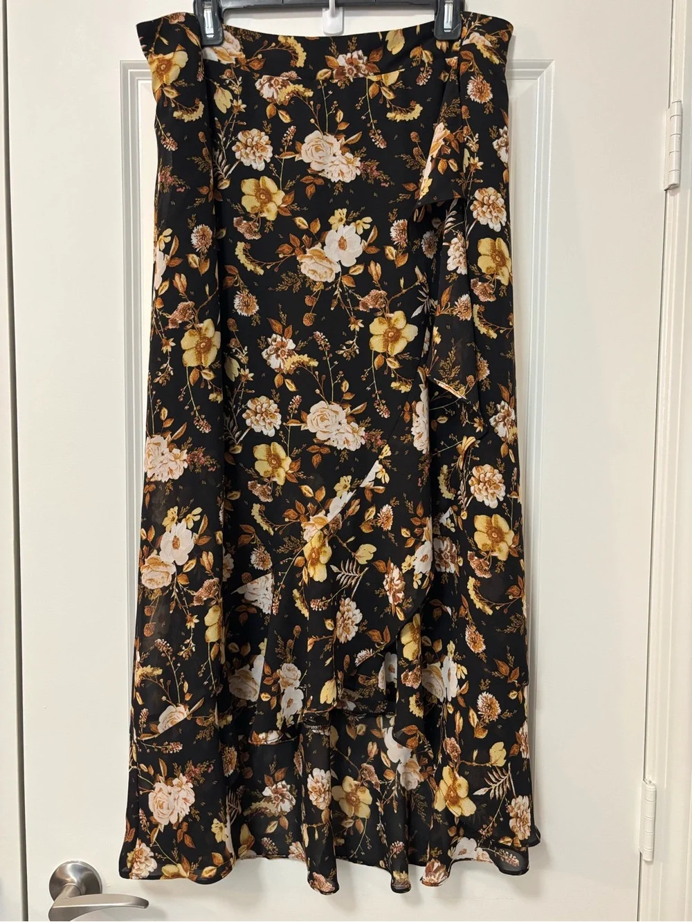 C Est. 1946 Black and Yellow Floral Ruffle Midi Skirt, Size XL